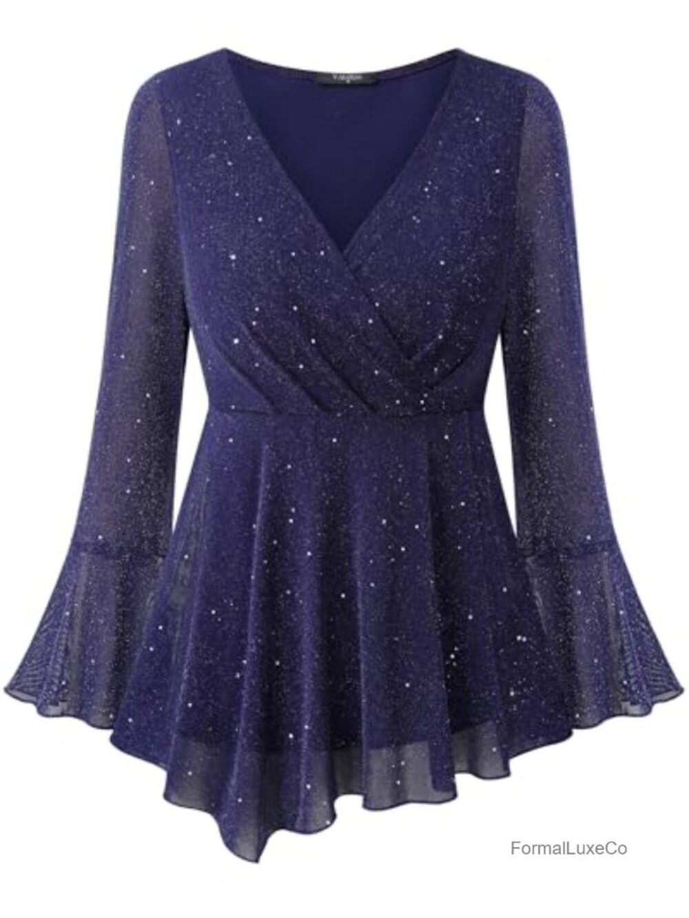 Women Long Sleeve Sequined Tunic Top V Neck Sparkly Party Blouse Dressy